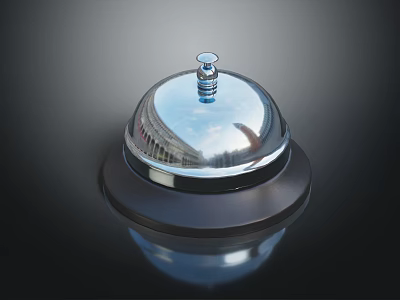 Shiny Chrome Plated Service Bell With Silver Reflective Surface And Black Base 3d model