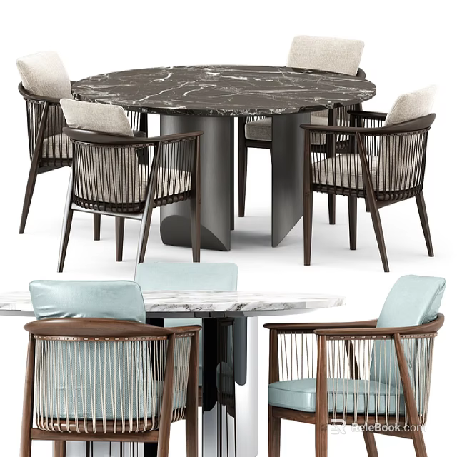 Modern Dining Table And Chairs Set With Marble Top Rattan Design Light Blue Beige Seats 3d model 