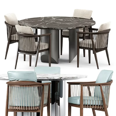 Modern Dining Table And Chairs Set With Marble Top Rattan Design Light Blue Beige Seats 3d model