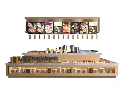Modern Functional Table With Hanging Menu Boards Displayed Food Items And Tableware Storage 3d model