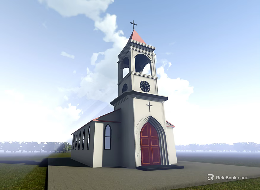 Ancient Historic Church Building with Bell Tower Cross Red Door and White Walls 3d model 