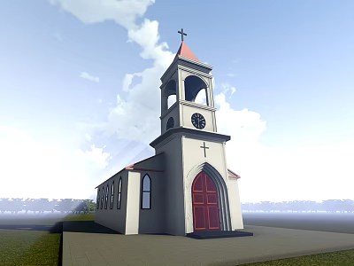 Ancient Historic Church Building with Bell Tower Cross Red Door and White Walls 3d model