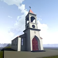 Ancient Historic Church Building with Bell Tower Cross Red Door and White Walls