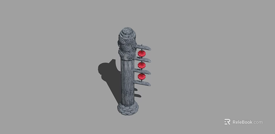 Gray Carved Stone Landscape Column With Ornate Design And Red Decorative Balls 3d model 