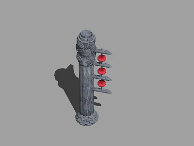 Gray Carved Stone Landscape Column With Ornate Design And Red Decorative Balls 3d model