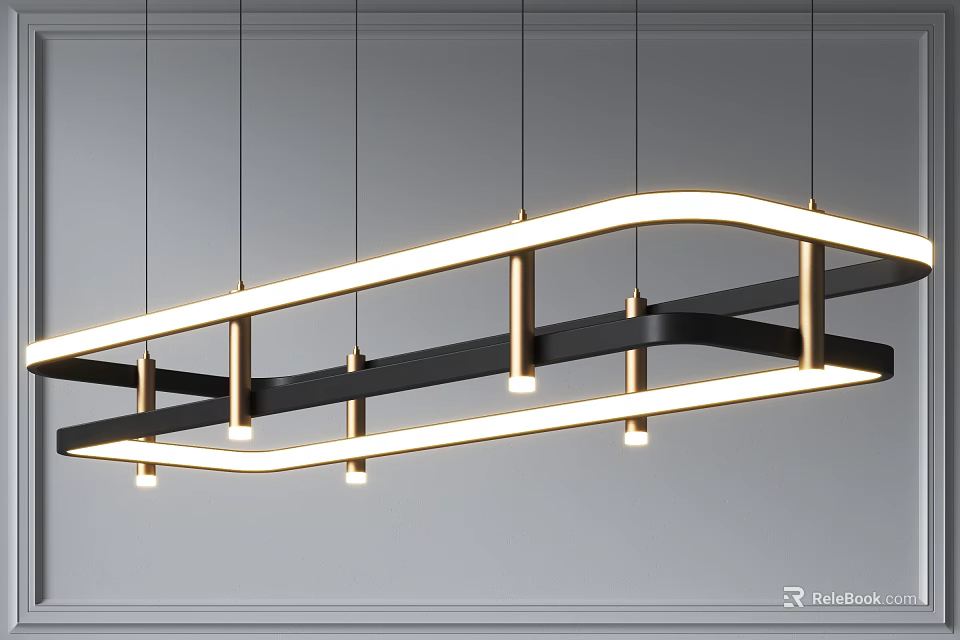 Modern Linear Chandelier Featuring Black Metal Frame And LED Strip Lighting 3d model 