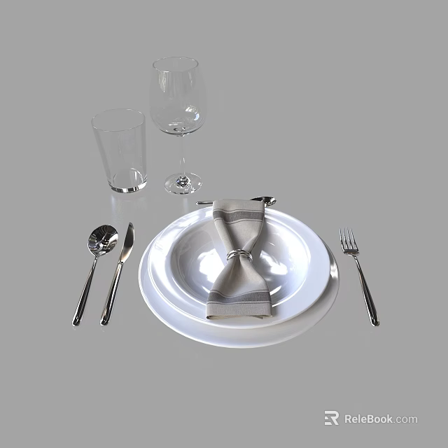 Elegant Tableware Set with White Plates Napkin Knife Fork Spoon and Glassware 3d model 