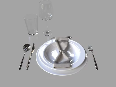 Elegant Tableware Set with White Plates Napkin Knife Fork Spoon and Glassware 3d model