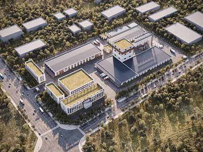 Modern Industrial Plant Aerial View With Green Roof Buildings And Surrounding Greenery 3d model