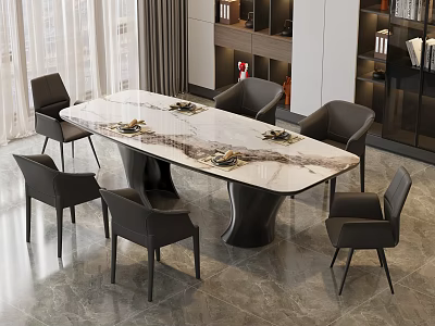Modern Dining Table Set With Marble Tabletop Six Black Chairs And Stylish Base 3d model