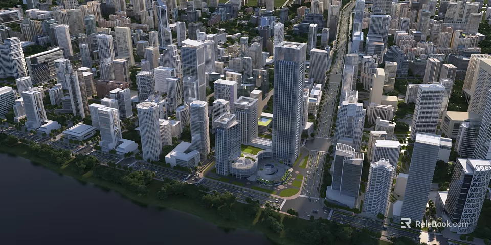 Aerial City Planning With High Rise Buildings Roads Green Spaces And Waterfront 3d model 