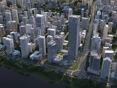 Aerial City Planning With High Rise Buildings Roads Green Spaces And Waterfront 3d model