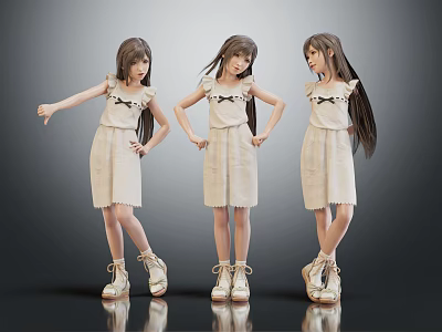 Three Young Girl Characters In Beige Dresses With Bow Details White Shoes And Different Poses 3d model