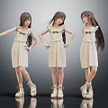 Three Young Girl Characters In Beige Dresses With Bow Details White Shoes And Different Poses