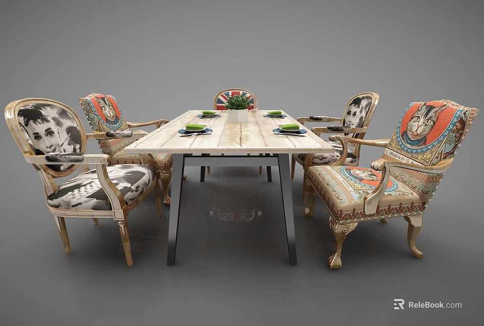 Elegant Dining Table Set With Decorative Patterned Chairs And Marble Top Metal Legs 3d model 
