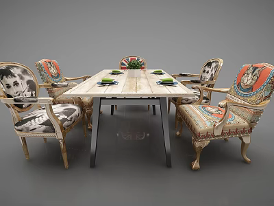 Elegant Dining Table Set With Decorative Patterned Chairs And Marble Top Metal Legs 3d model