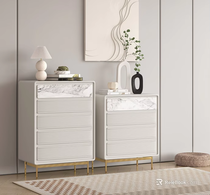Modern White Dresser With Marble Top Gold Legs And Decorative Items 3d model 