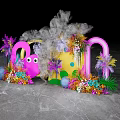 Colorful Photo Check In Spot With Pink Cartoon Shapes Green Plants Smoke Effect And Arch