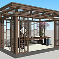 Chinese Style Wooden Pavilion Interior With Lattice Doors Wooden Table And Cherry Blossom Tree