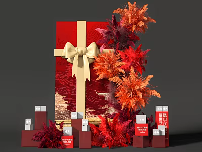 Festive Photo Check In Spot With Red Gift Box Golden Bow And Feather Decorations 3d model