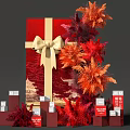 Festive Photo Check In Spot With Red Gift Box Golden Bow And Feather Decorations