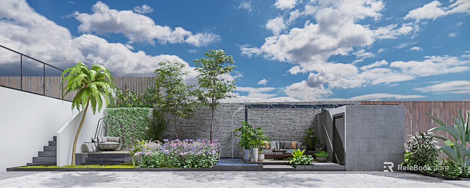 Tranquil Garden With Purple Flowers Green Plants Tall Trees Water Fountain And Cozy Seating Area 3d model 