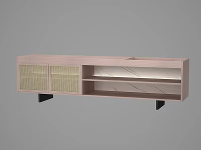 Modern Wooden TV Stand With Woven Doors Open Shelves And Black Legs 3d model