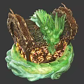 Intricate Green Dragon Head Sculpture With Golden Scroll Like Structures And Glowing Accents