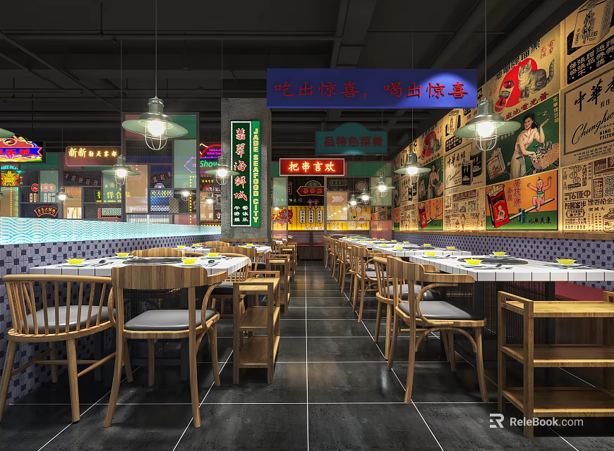 Vintage Themed Restaurant Interior With Wooden Tables Hanging Lamps And Retro Posters 3d model 