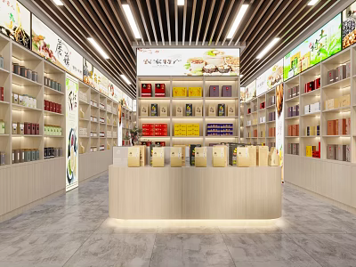 Traditional Tea Specialty Store With Bright Interior Wooden Display Counter And Various Packaged Products 3d model