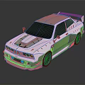 Gray And White Modified Racing Car With Wide Body Kit Rear Spoiler Blue Wheels