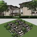 Modern Semi Detached Villa Exterior With Green Lawn And Surrounding Trees