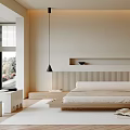 Modern Minimalist Beige Bedroom Interior With Wooden Bed White Cabinets And Area Rug Near Window