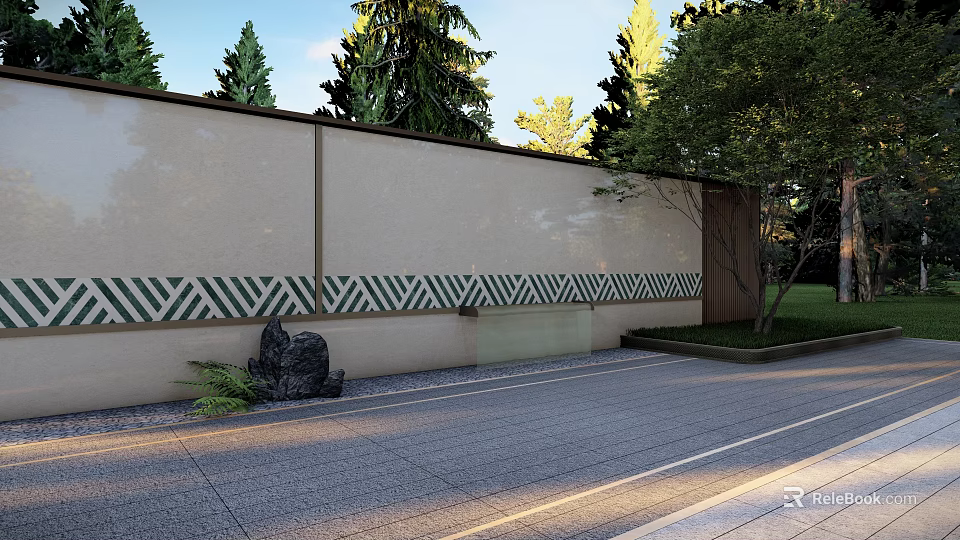 Garden Landscape Design With Decorative Wall Pattern Trees Gray Paved Ground And Stone Sculpture 3d model 