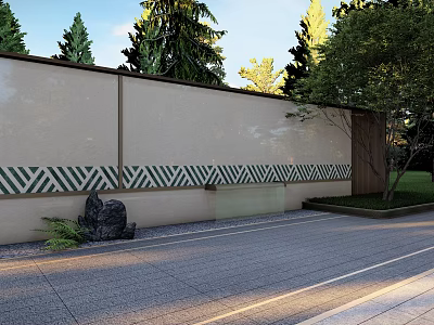 Garden Landscape Design With Decorative Wall Pattern Trees Gray Paved Ground And Stone Sculpture 3d model