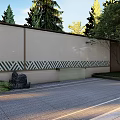 Garden Landscape Design With Decorative Wall Pattern Trees Gray Paved Ground And Stone Sculpture