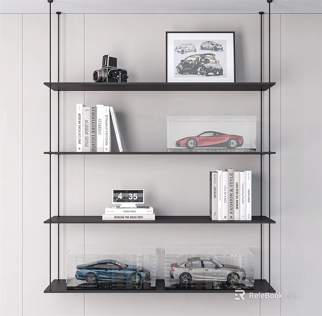 Decorative Ornament Combination on Multi Layer Shelves Featuring Car Models Books Camera and Artwork 3d model