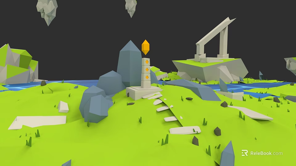 Plant Painting Of Green Meadow With Blue Water Gray Rocks White Structure And Yellow Torch 3d model 