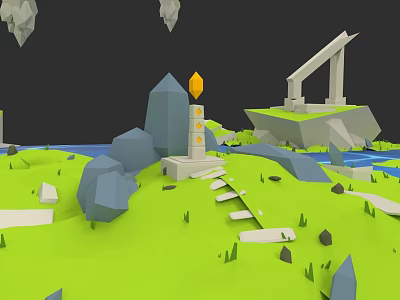 Plant Painting Of Green Meadow With Blue Water Gray Rocks White Structure And Yellow Torch 3d model