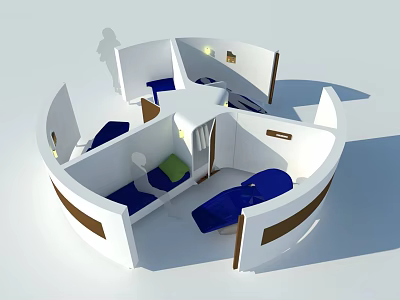 Unique Modern Office Interior With Circular Layout Seating Areas Blue Green Cushions And Wooden Trim 3d model