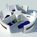 Unique Modern Office Interior With Circular Layout Seating Areas Blue Green Cushions And Wooden Trim