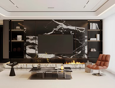 Modern Italian Home Living Room Light Luxury Italian Living Room Marble TV Background Wall Fireplace TV Background Wall Stone TV Background Wall Advanced Grey Living Room 3d model