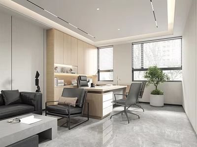 Modern Office Interior With Comfortable Sofa Desk Chair And Potted Plant Near Large Windows 3d model