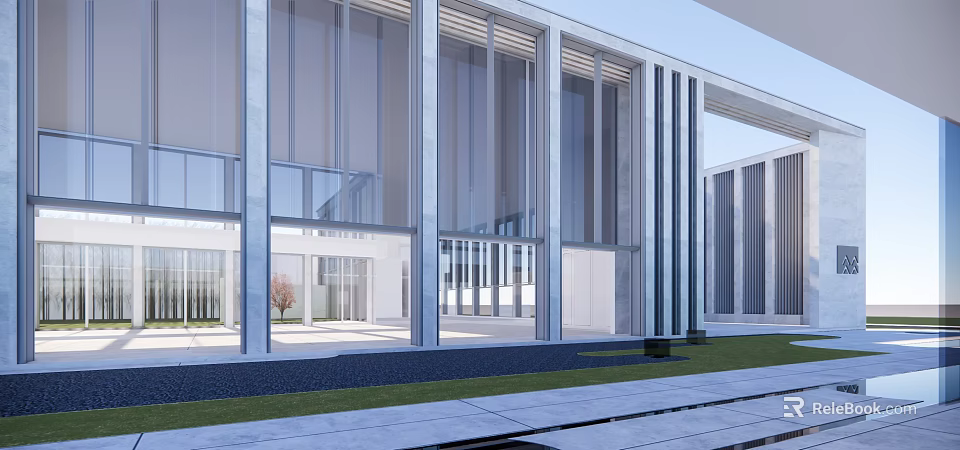 Modern Sales Office Building Design Featuring Glass Walls Metal Frames And Lawn Area 3d model 