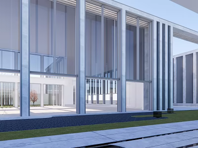 Modern Sales Office Building Design Featuring Glass Walls Metal Frames And Lawn Area 3d model