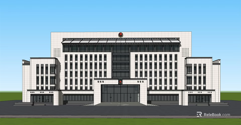 Modern Office Building With Symmetrical Facade Large Windows And Top Emblem 3d model 