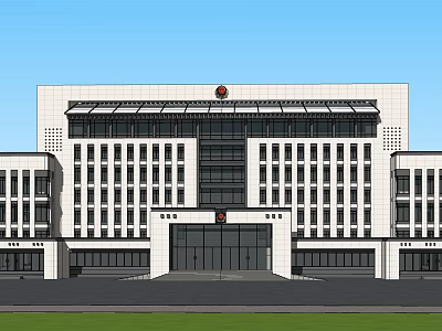 Modern Office Building With Symmetrical Facade Large Windows And Top Emblem 3d model