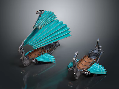 Two Vintage Decorative Models With Turquoise Blades Wooden Seats And Metal Frames 3d model