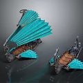 Two Vintage Decorative Models With Turquoise Blades Wooden Seats And Metal Frames