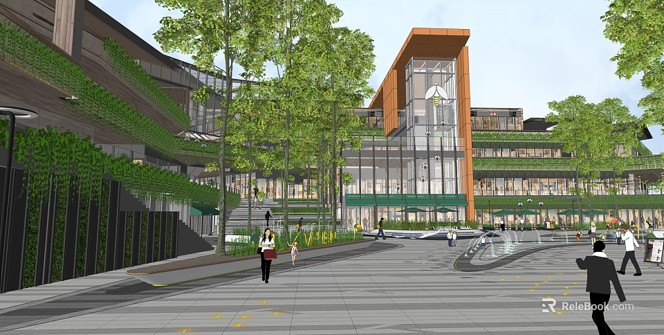 Modern Commercial Complex With Glass Facades Greenery And Open Plaza For Pedestrians 3d model 